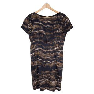 Elie Tahari Sheath Dress Size 10 Navy Gold Abstract‎ Print Short Sleeve Womens